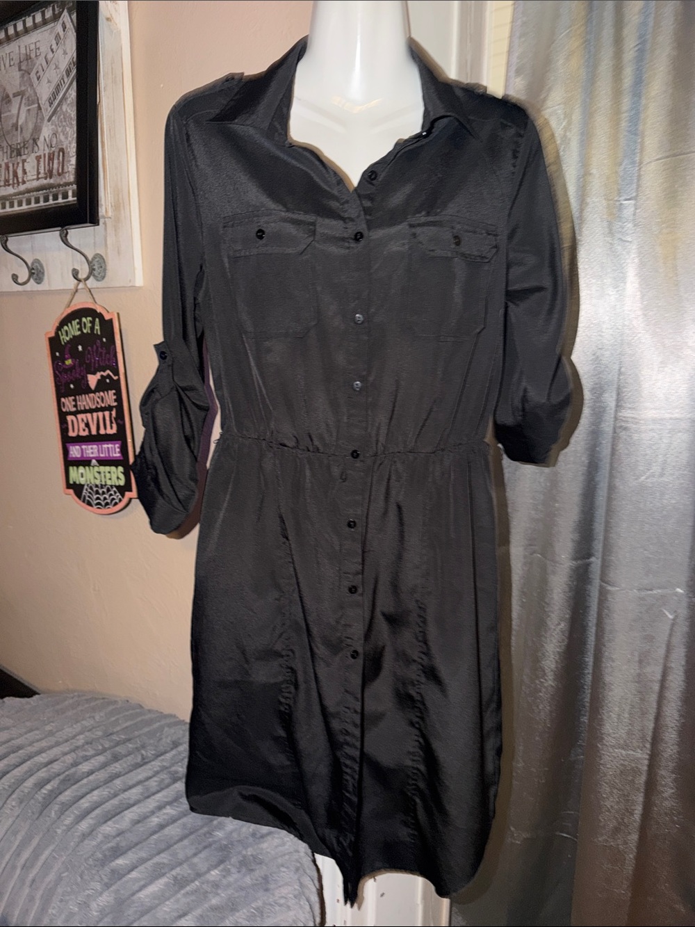 Classic Black Button-Front Shirt Dress size medium by Versona 100% polyester